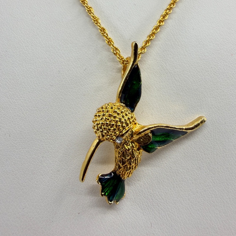 Gold Tone Hummingbird Necklace Green Enamel Statement Pendant Nature Lover Gift